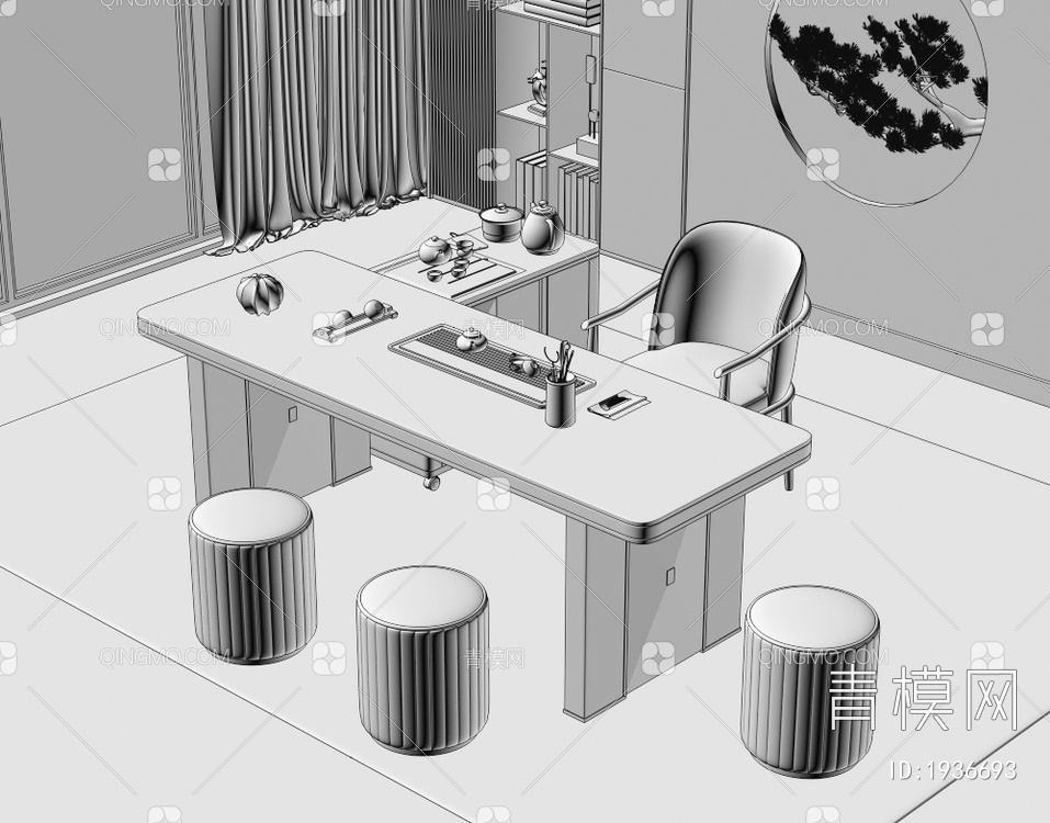 大理石茶桌椅组合3D模型下载【ID:1936693】