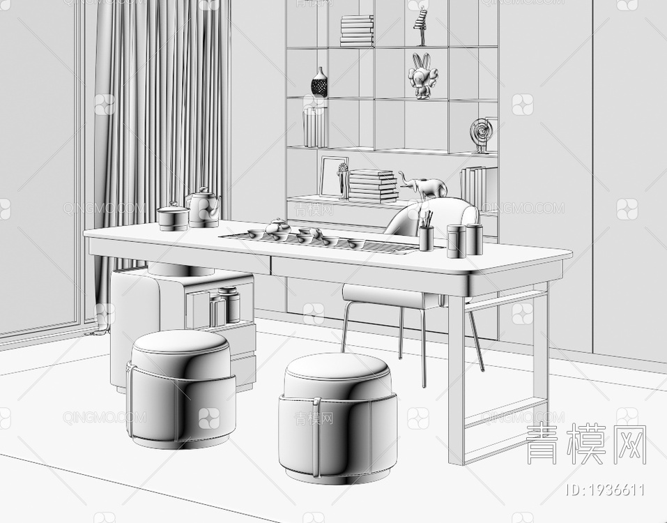 大理石茶桌椅组合3D模型下载【ID:1936611】