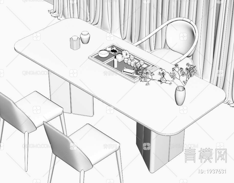 大理石茶桌椅组合，茶室，大理石茶桌，茶台，岩板泡茶桌3D模型下载【ID:1937631】