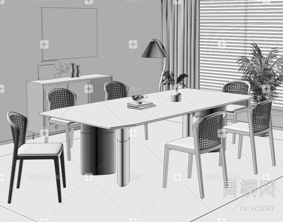 实木餐桌椅组合3D模型下载【ID:1936587】