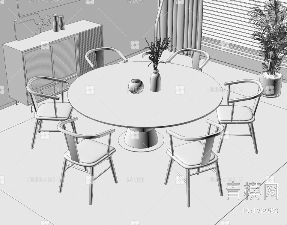 实木餐桌椅组合3D模型下载【ID:1936583】