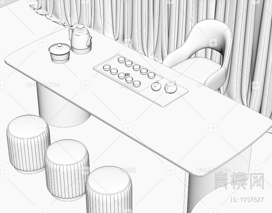大理石茶桌椅组合，茶室，大理石茶桌，茶台，岩板泡茶桌3D模型下载【ID:1937627】