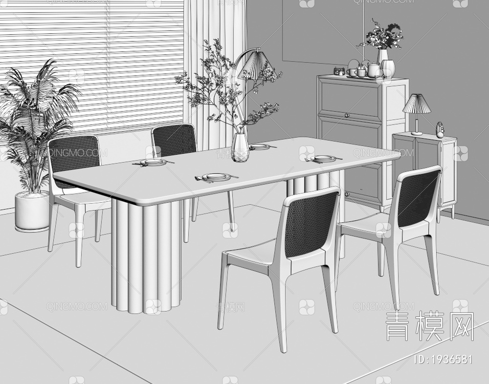 实木餐桌椅组合3D模型下载【ID:1936581】