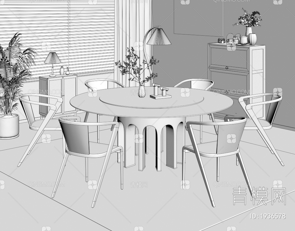 实木餐桌椅组合3D模型下载【ID:1936578】