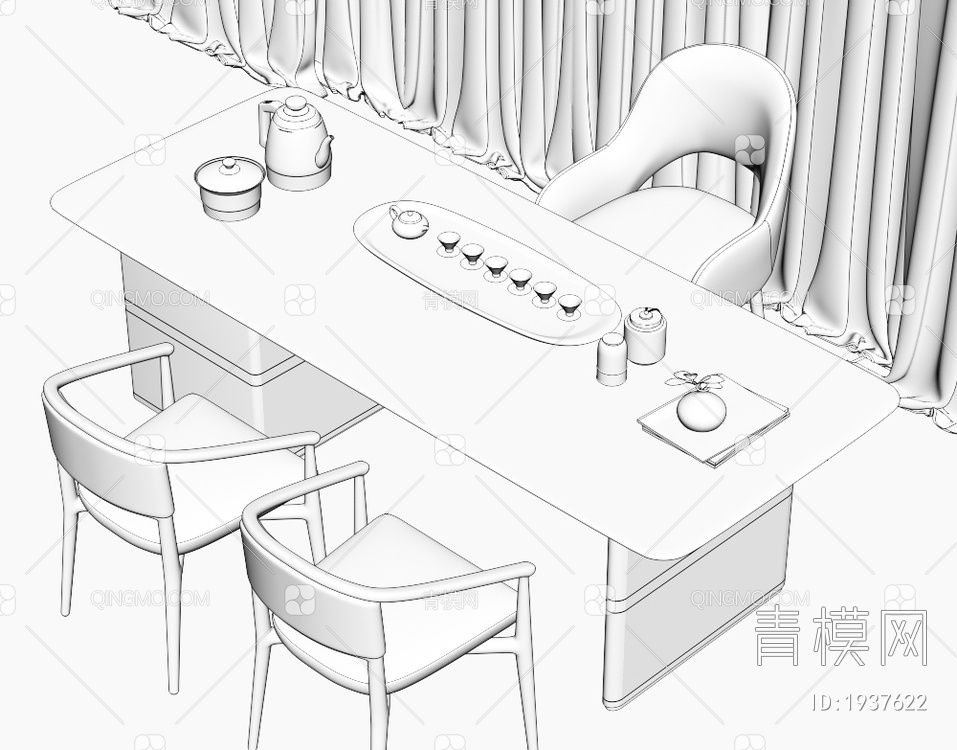 大理石茶桌椅组合 茶室 大理石茶桌 茶台 岩板泡茶桌 品茶区 茶盘茶具3D模型下载【ID:1937622】
