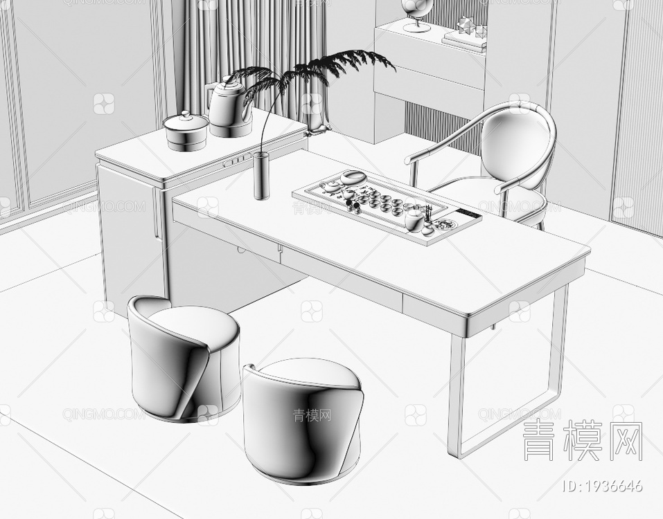 大理石茶桌椅组合3D模型下载【ID:1936646】