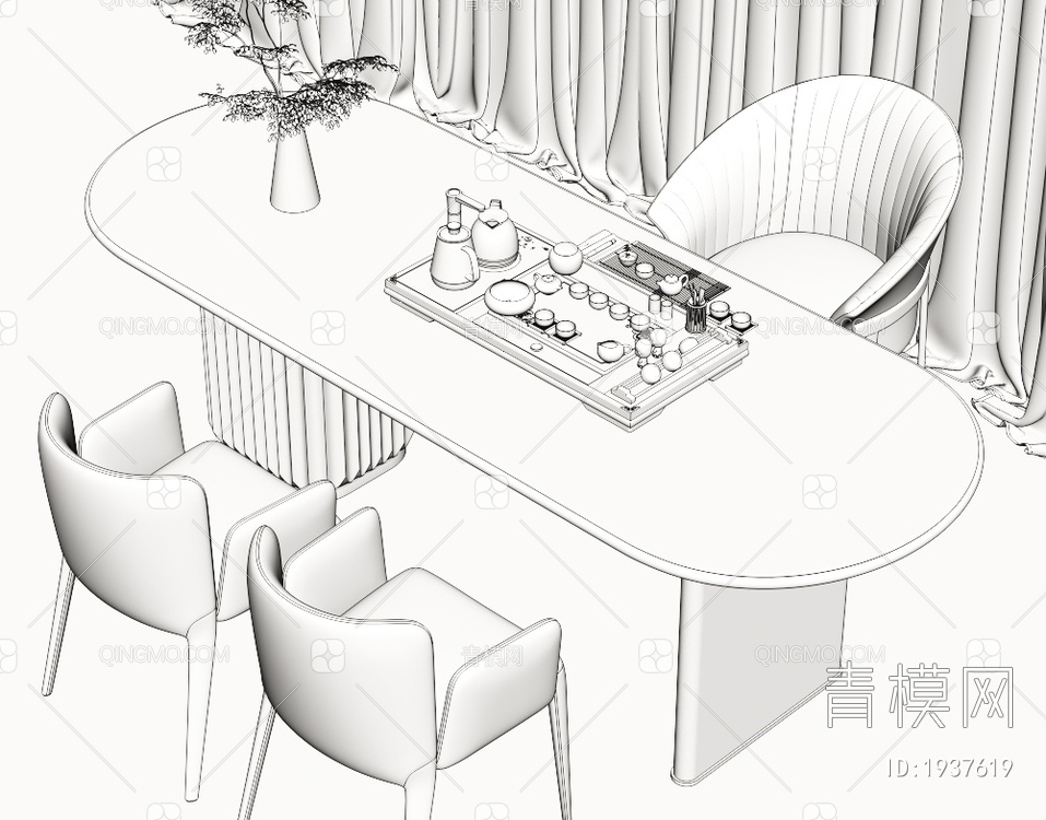 大理石茶桌椅组合 茶室 大理石茶桌 茶台 岩板泡茶桌 品茶区 茶盘茶具3D模型下载【ID:1937619】