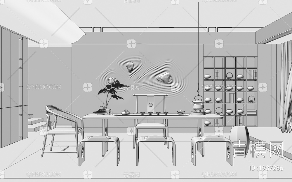 茶室 实木茶桌椅组合3D模型下载【ID:1937286】