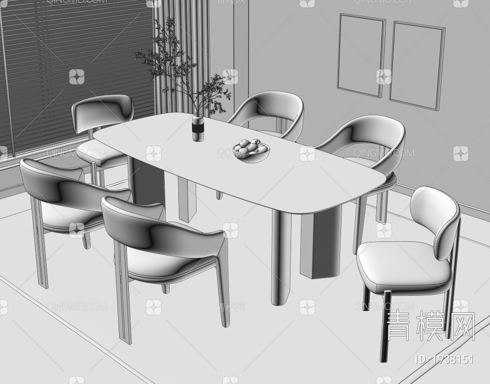 实木餐桌椅组合 布艺靠背椅 书籍摆件 盆栽 装饰画3D模型下载【ID:1938151】