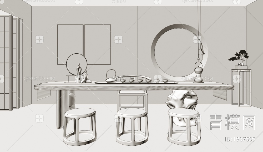 茶室 实木茶桌椅组合3D模型下载【ID:1937505】