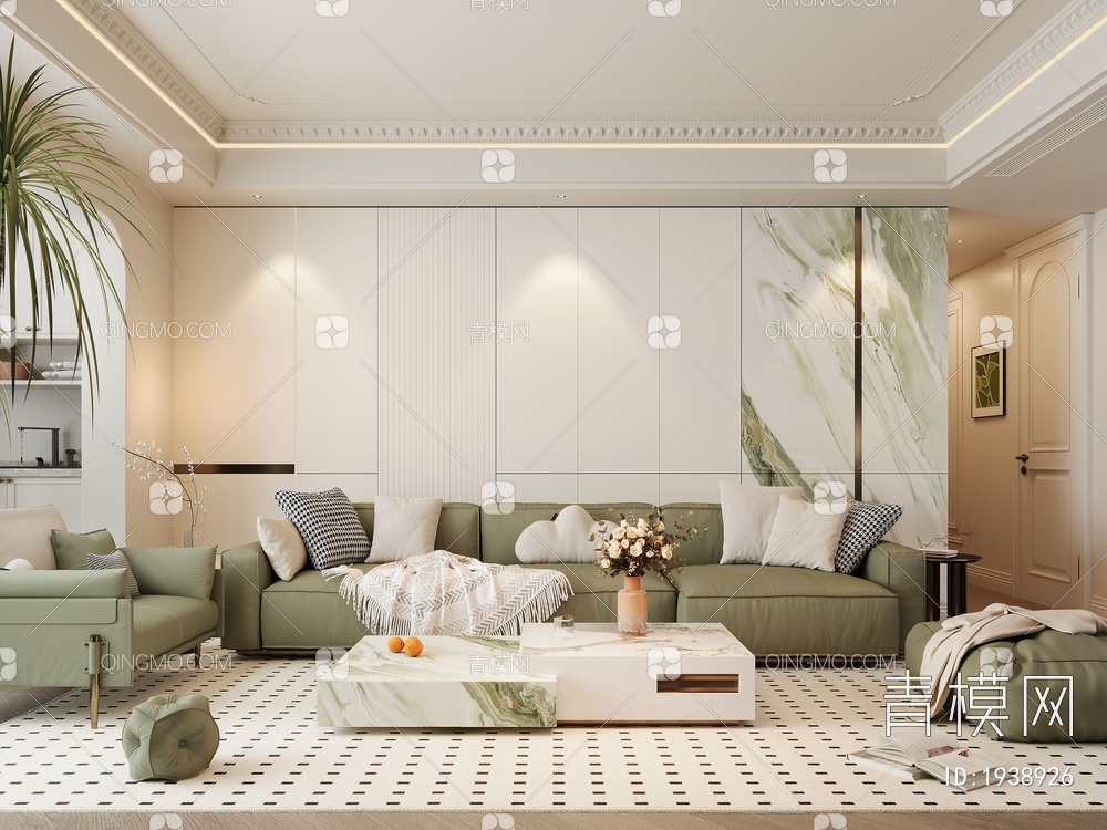 客厅，沙发组合，茶几，3D模型下载【ID:1938926】