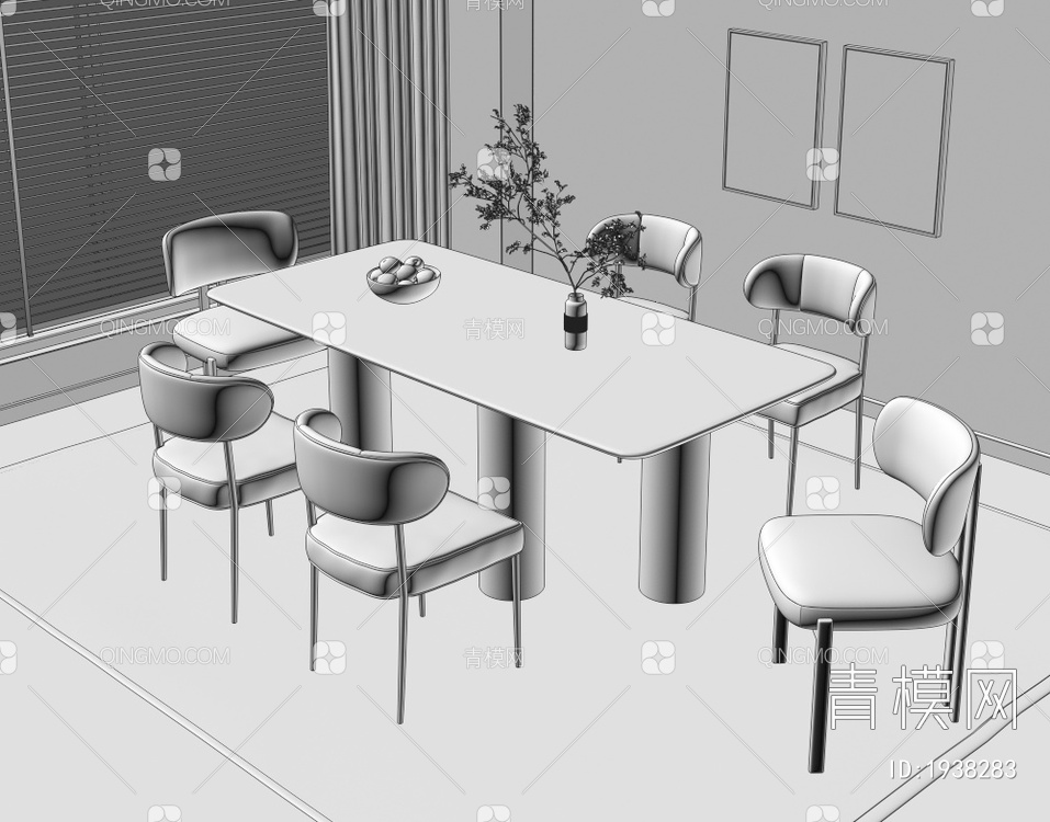 实木餐桌椅组合 布艺靠背椅 书籍摆件 盆栽 装饰画 地毯3D模型下载【ID:1938283】