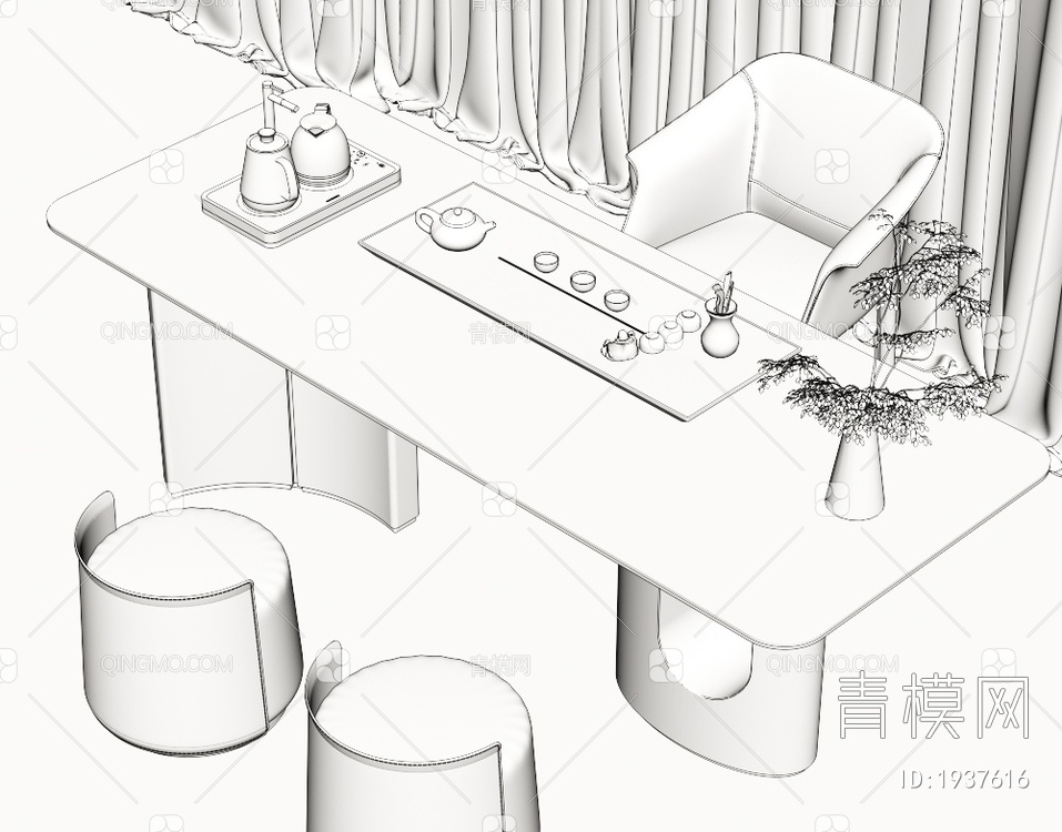 大理石茶桌椅组合 茶室 大理石茶桌 茶台 岩板泡茶桌 品茶区 茶盘茶具3D模型下载【ID:1937616】