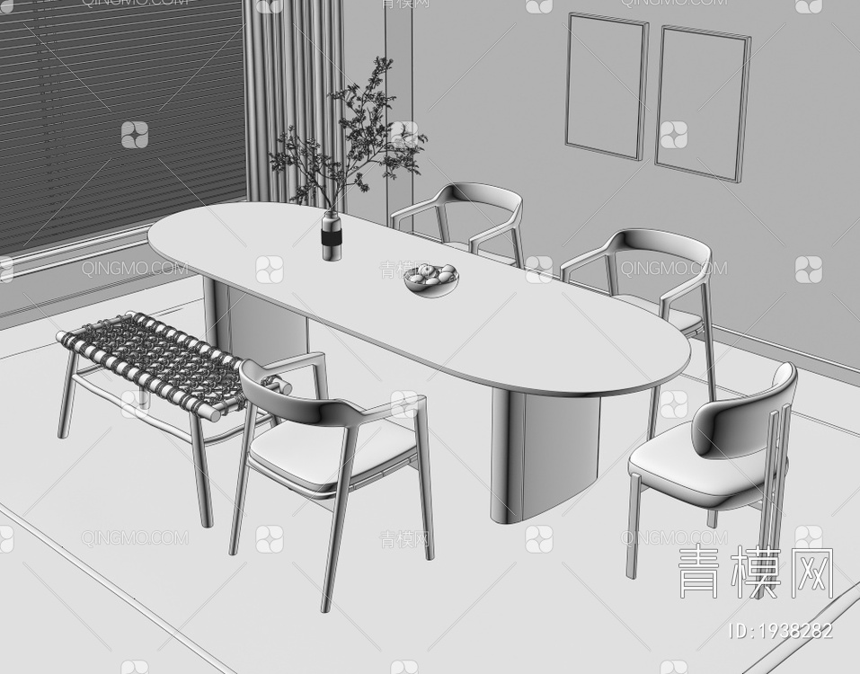 实木餐桌椅组合 布艺靠背椅 书籍摆件 盆栽 装饰画 地毯3D模型下载【ID:1938282】