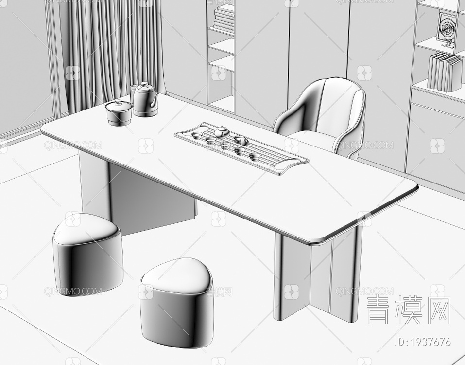 大理石茶桌椅组合 茶室 大理石茶桌 茶台 岩板泡茶桌 品茶区 茶盘茶具3D模型下载【ID:1937676】