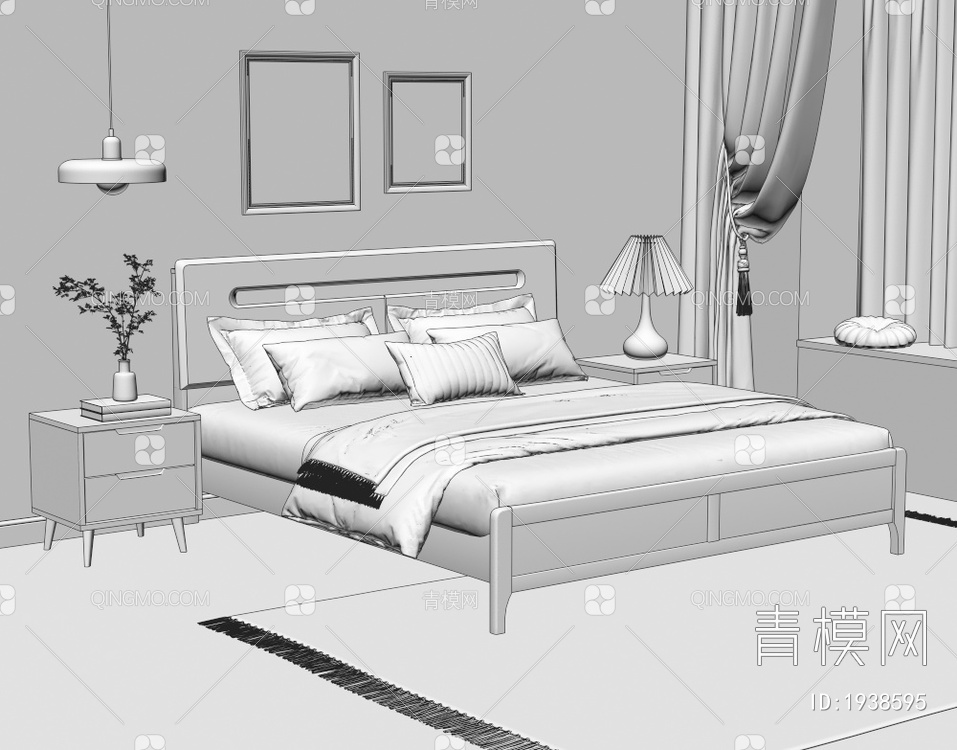 复古卧室 主卧 实木软包双人床 床头柜 吊灯 毛毯 装饰画 窗帘3D模型下载【ID:1938595】