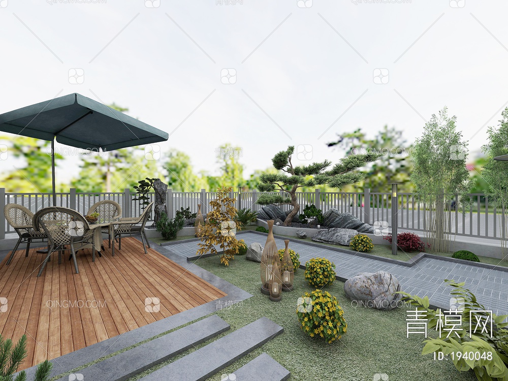 庭院造景，园艺景观小品，绿植景观石头，草坪，室外休闲桌椅，迎客松景观3D模型下载【ID:1940048】