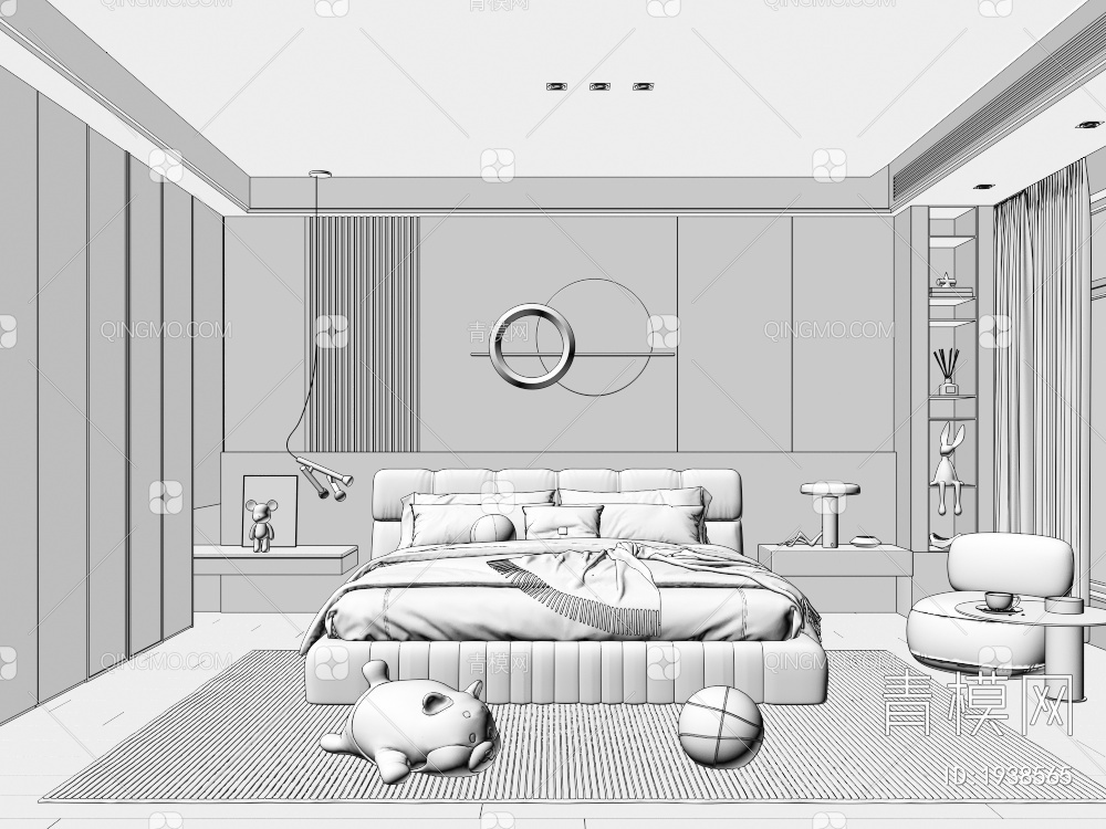 家居卧室 布艺双人床 主人房 床头柜 床具组合 装饰画3D模型下载【ID:1938565】