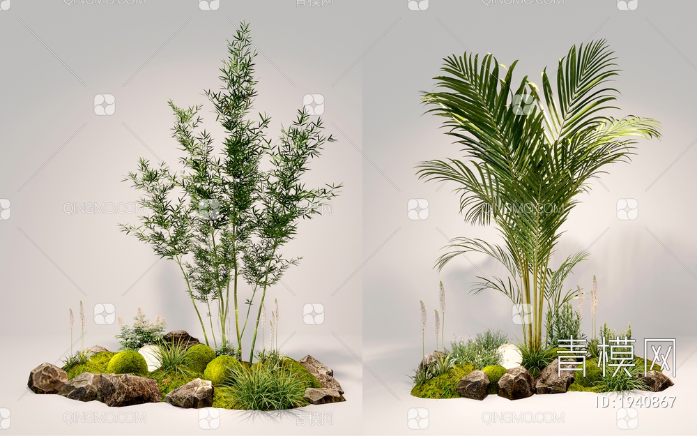 室内组团小景  植物堆 球形灌木 苔藓球  带花灌木植物组合3D模型下载【ID:1940867】