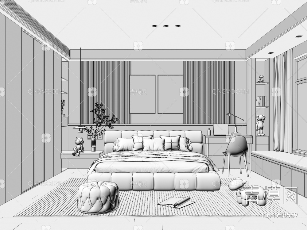 家居卧室 布艺双人床 主人房 床头柜 床具组合 装饰画3D模型下载【ID:1938559】