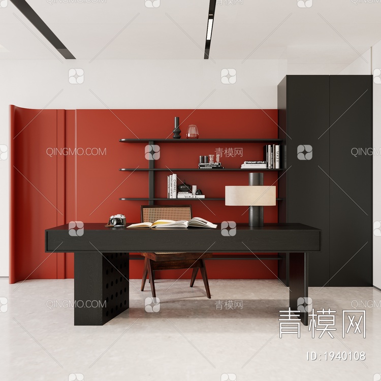 时尚，橘色，书柜，书桌椅，书房3D模型下载【ID:1940108】