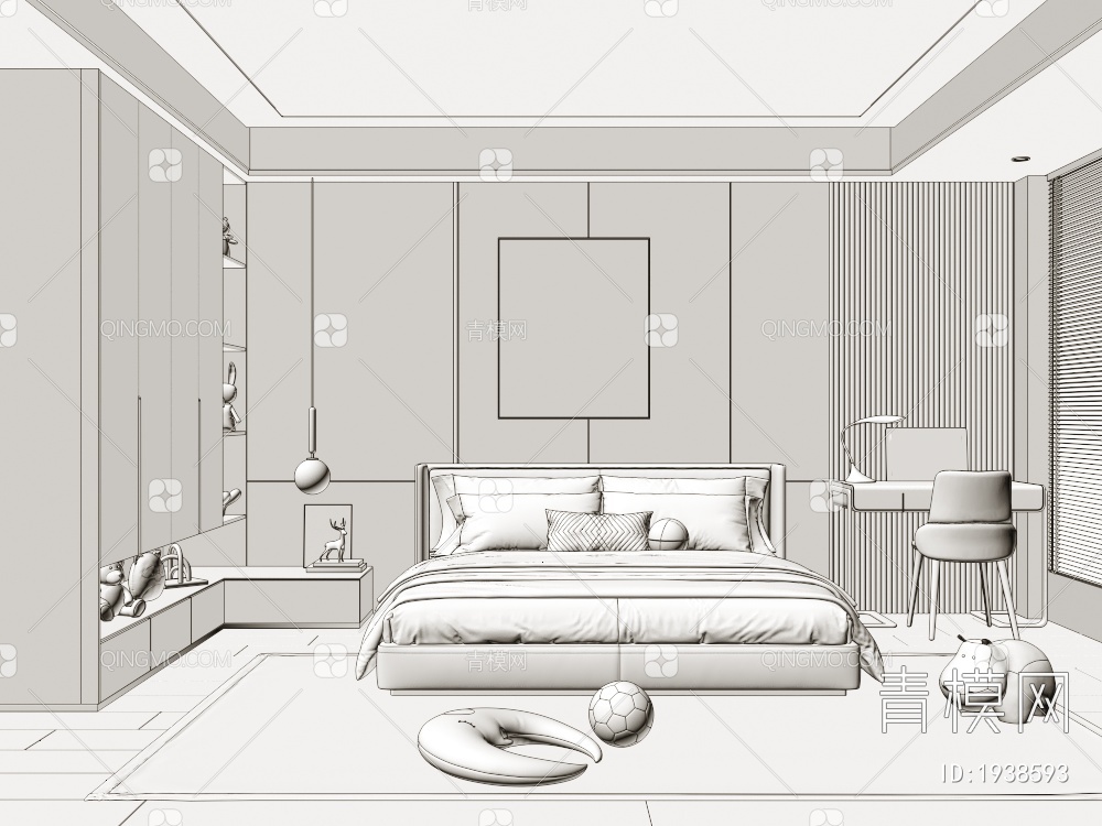 卧室 布艺双人床 床头柜 装饰画 书籍摆件 窗帘3D模型下载【ID:1938593】