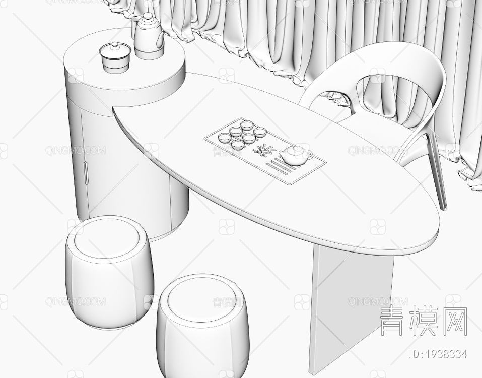 大理石茶桌椅组合 茶室 大理石茶桌 茶台 岩板泡茶桌 品茶区 茶盘茶具3D模型下载【ID:1938334】