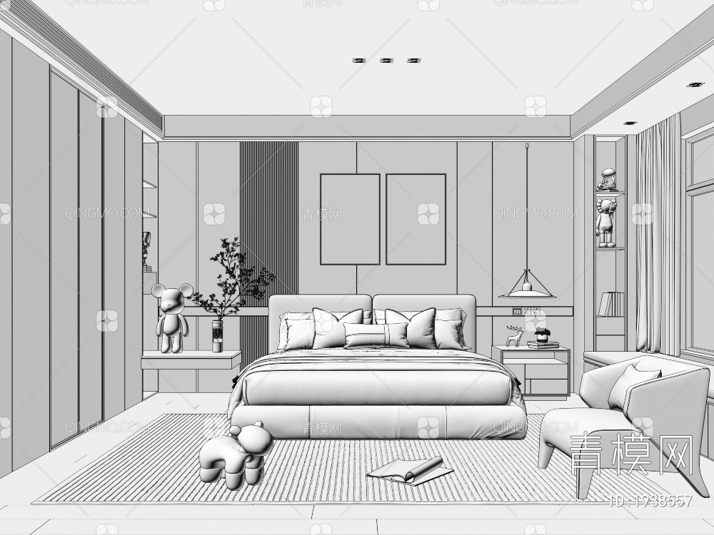 家居卧室 布艺双人床 主人房 床头柜 床具组合 装饰画3D模型下载【ID:1938557】