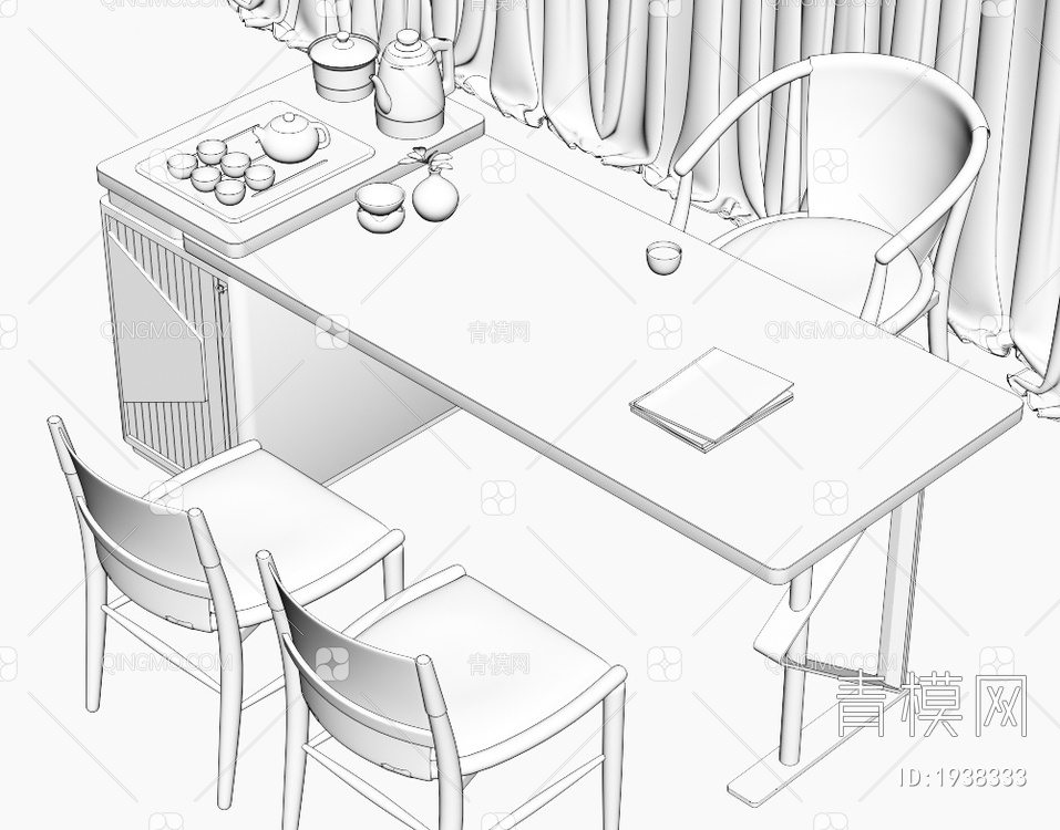 大理石茶桌椅组合 茶室 大理石茶桌 茶台 岩板泡茶桌 品茶区 茶盘茶具3D模型下载【ID:1938333】