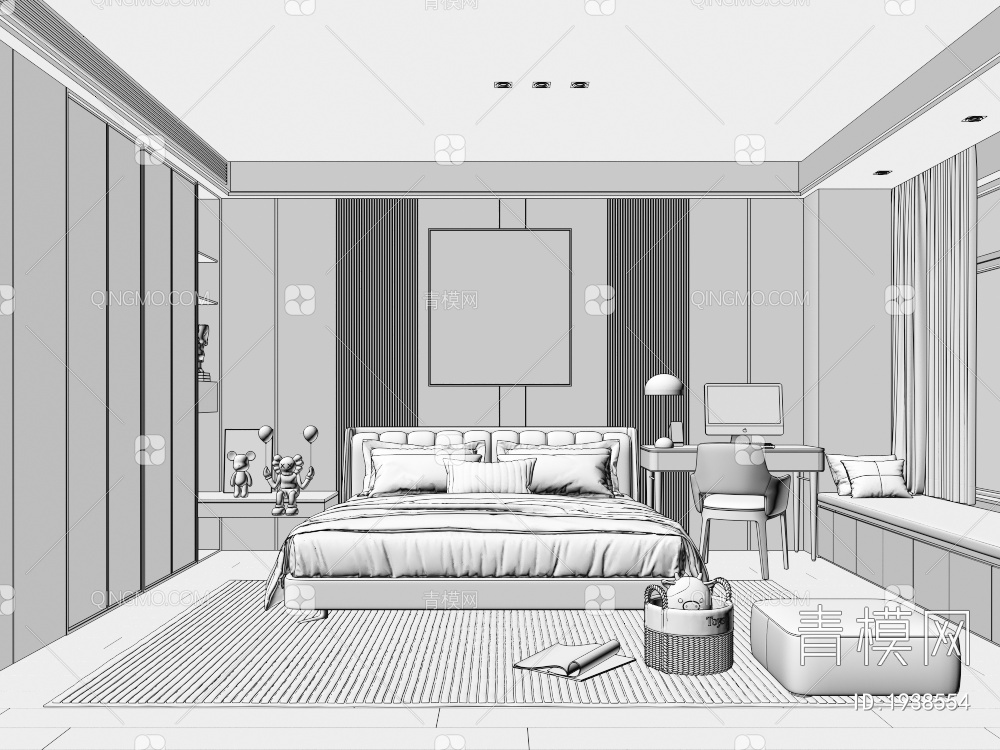 家居卧室 布艺双人床 主人房 床头柜 床具组合 装饰画3D模型下载【ID:1938554】