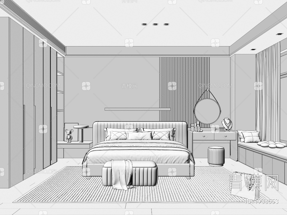 家居卧室 布艺双人床 主人房 床头柜 床具组合 装饰画3D模型下载【ID:1938553】