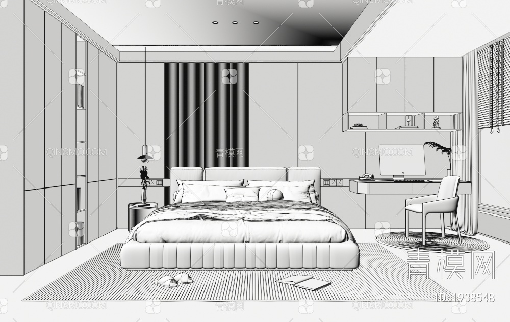 家居卧室 布艺双人床 主人房 床头柜 床具组合 装饰画 书桌椅3D模型下载【ID:1938548】