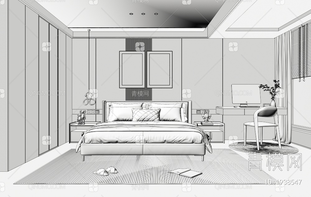 家居卧室 布艺双人床 主人房 床头柜 床具组合 装饰画 书桌椅3D模型下载【ID:1938547】