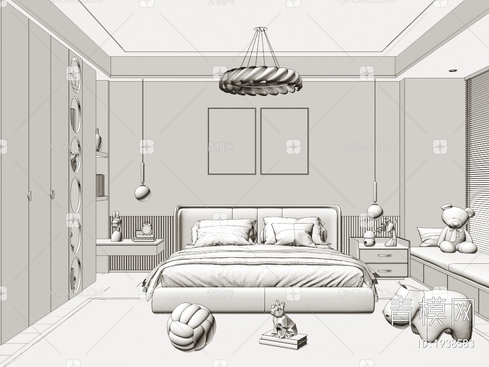 卧室 布艺双人床 床头柜 装饰画 书籍摆件 窗帘3D模型下载【ID:1938583】