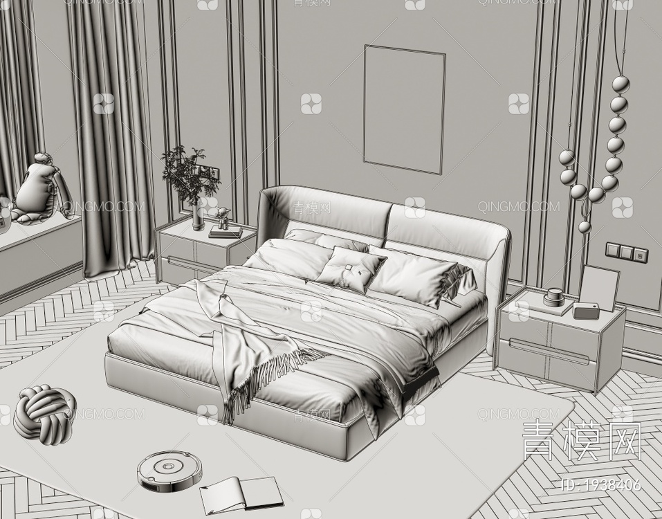 卧室 布艺双人床 床头柜 装饰画 书籍摆件 窗帘3D模型下载【ID:1938406】
