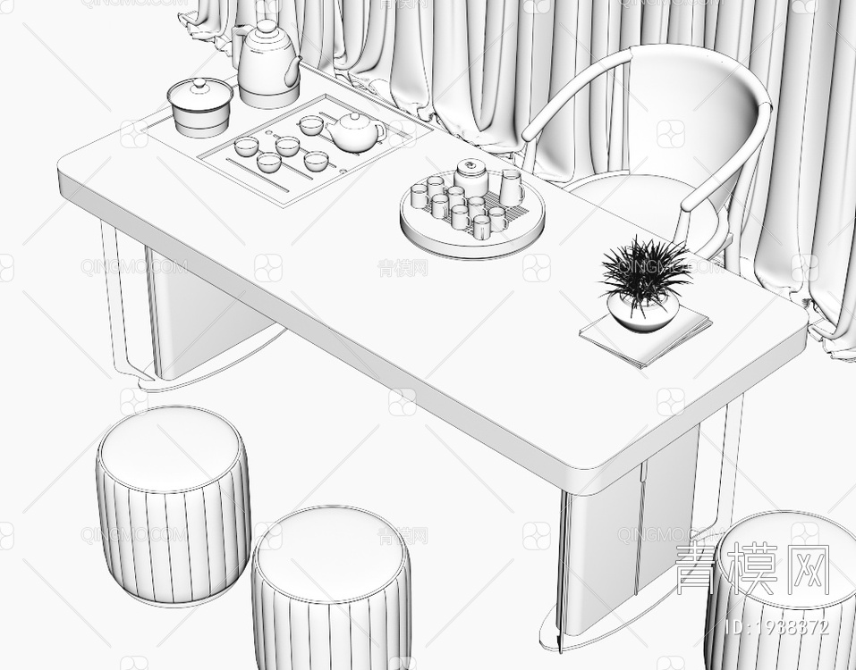 大理石茶桌椅组合 茶室 大理石茶桌 茶台 岩板泡茶桌 品茶区 茶盘茶具3D模型下载【ID:1938372】