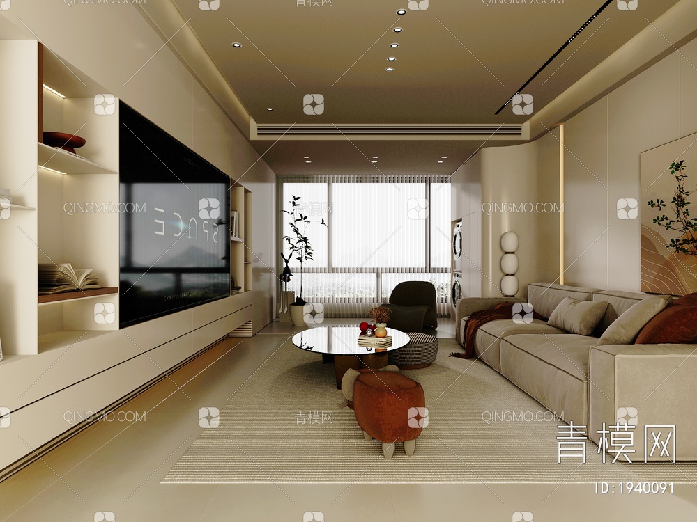 客厅，客厅电视背景墙，沙发背景墙，沙发茶几组合，阳台洗衣柜3D模型下载【ID:1940091】