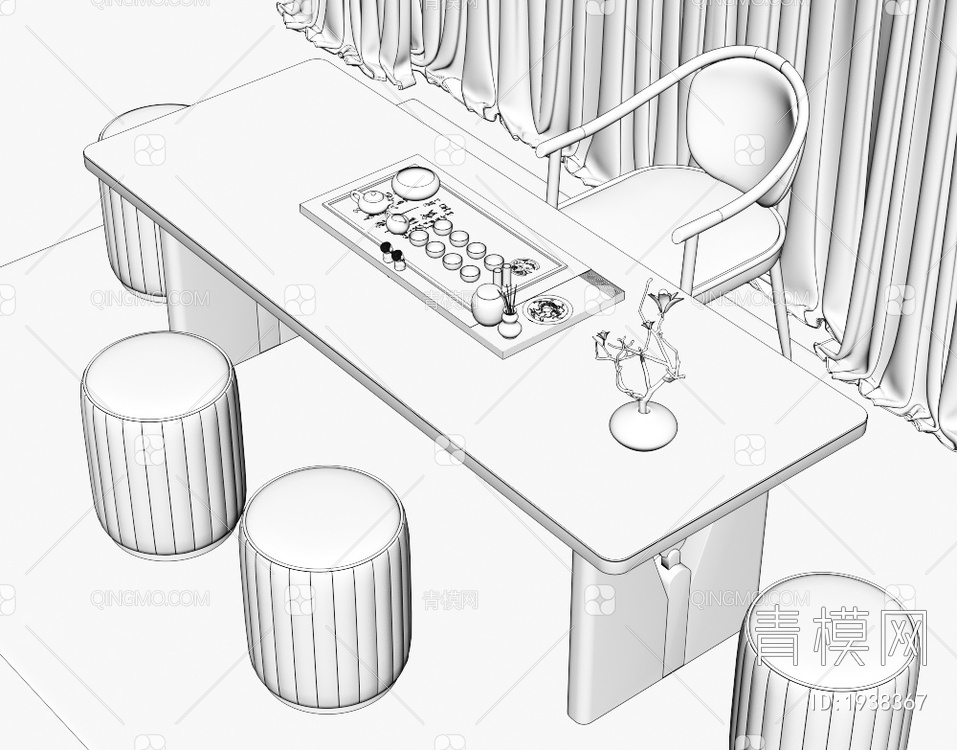 大理石茶桌椅组合 茶室 大理石茶桌 茶台 岩板泡茶桌 品茶区 茶盘茶具3D模型下载【ID:1938367】