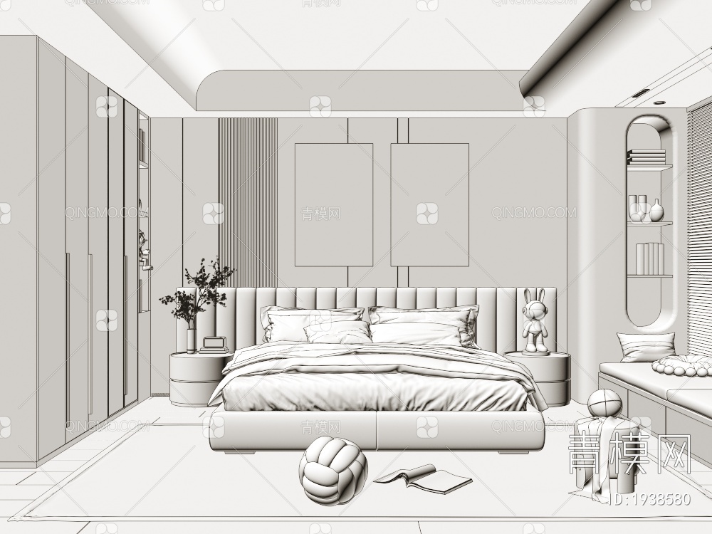 卧室 布艺双人床 床头柜 装饰画 书籍摆件 窗帘3D模型下载【ID:1938580】