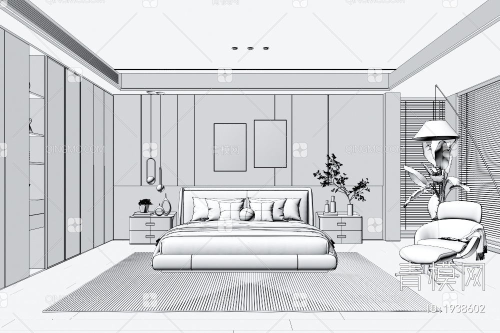 家居卧室 布艺双人床 主人房 床头柜 床具组合 装饰画3D模型下载【ID:1938602】