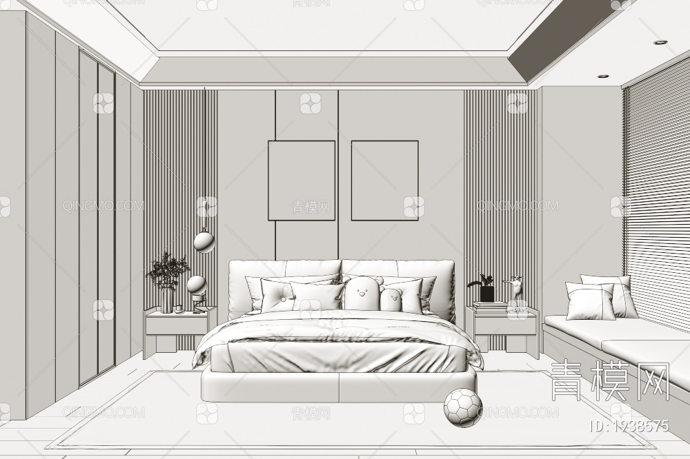 卧室 布艺双人床 床头柜 装饰画 书籍摆件 窗帘3D模型下载【ID:1938575】