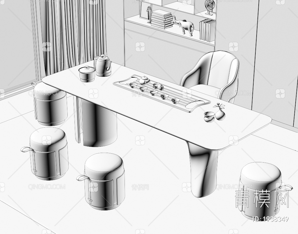 大理石茶桌椅组合 茶室 大理石茶桌 茶台 岩板泡茶桌 品茶区 茶盘茶具3D模型下载【ID:1938349】