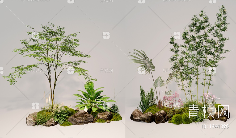 室内组团小景  植物堆 球形灌木 苔藓球  带花灌木植物组合3D模型下载【ID:1941390】