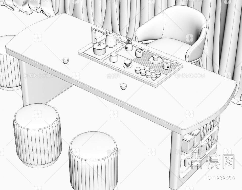 大理石茶桌椅组合 茶室 大理石茶桌 茶台 岩板泡茶桌 品茶区 茶盘茶具3D模型下载【ID:1939656】