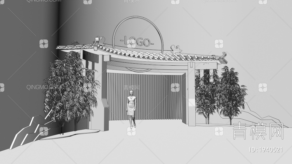 门头入口瓦竹子3D模型下载【ID:1940521】