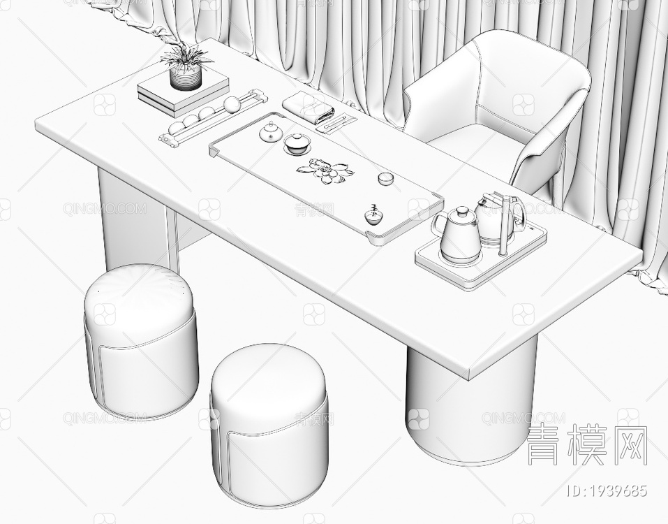 大理石茶桌椅组合 茶室 大理石茶桌 茶台 岩板泡茶桌 品茶区 茶盘茶具3D模型下载【ID:1939685】