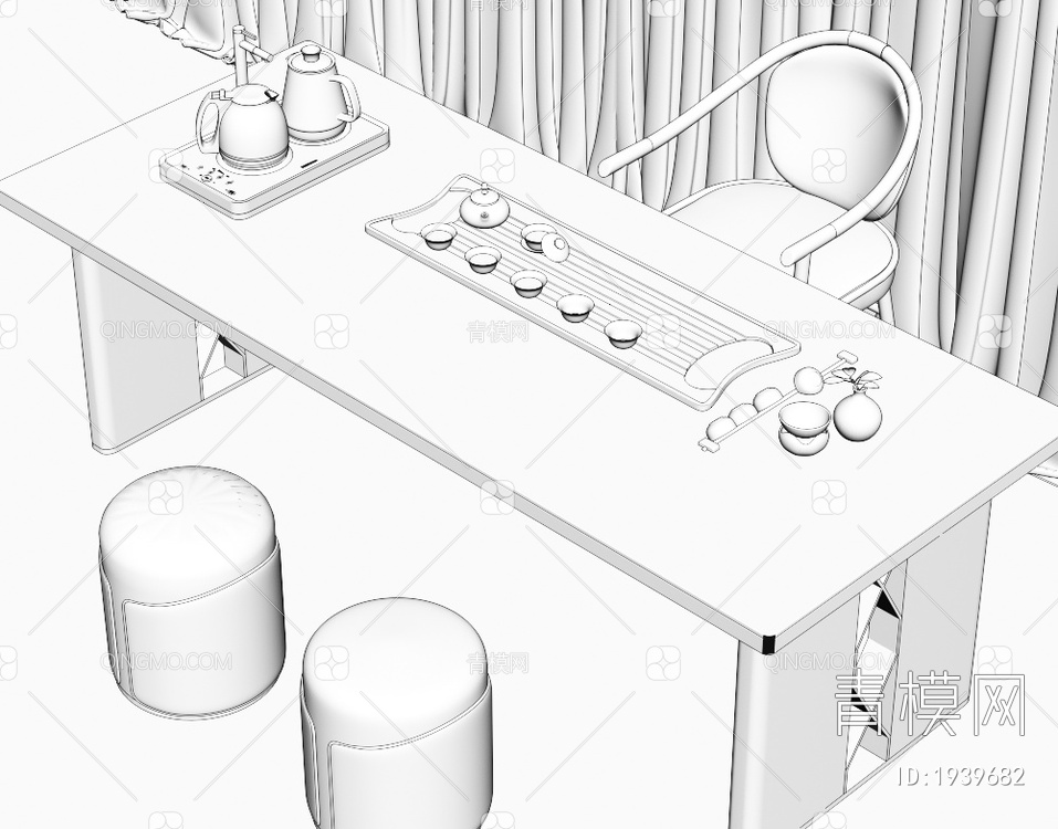 大理石茶桌椅组合 茶室 大理石茶桌 茶台 岩板泡茶桌 品茶区 茶盘茶具3D模型下载【ID:1939682】