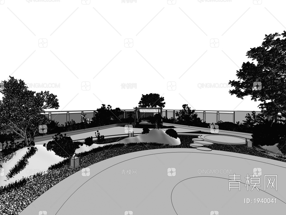 别墅庭院景观，绿植，植物堆，花草树木，绿化带，围栏，护栏，栏杆，秋千3D模型下载【ID:1940041】