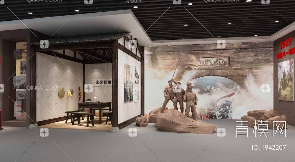 红色文化展厅 浮雕墙 互动触摸一体机 革命雕塑 文物展示台3D模型下载【ID:1942207】