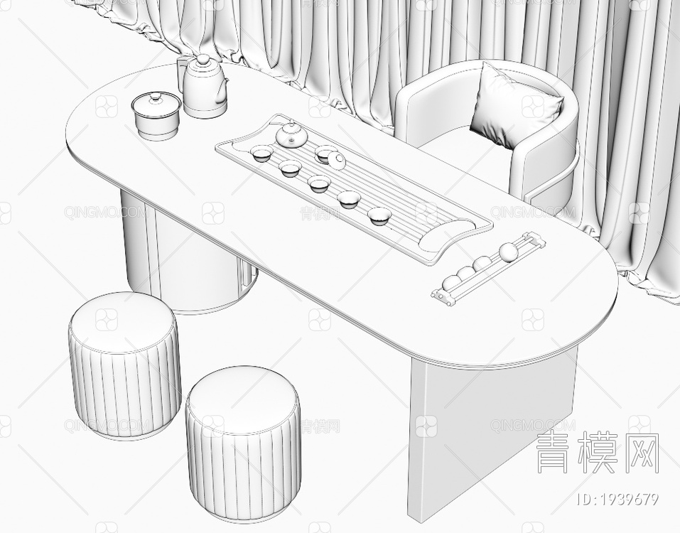 大理石茶桌椅组合 茶室 大理石茶桌 茶台 岩板泡茶桌 品茶区 茶盘茶具3D模型下载【ID:1939679】